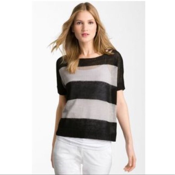 Theory Aislies Spiral Sheer Stripe Linen Sweater in Grey and Black S - Picture 1 of 11